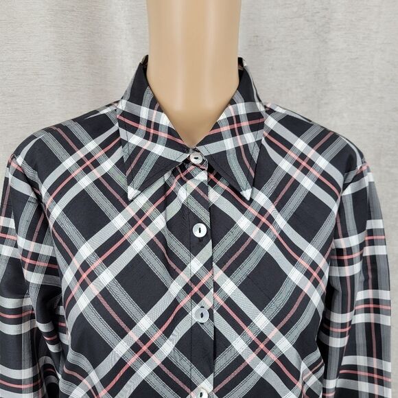 Rafael Silk Plaid Button Up Shirt Blouse Black White Pink - Picture 2 of 11